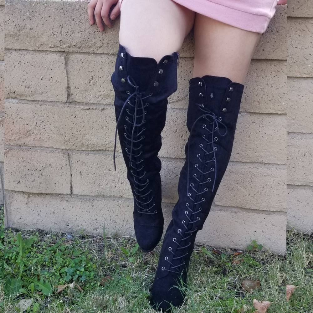 Black Vegan Suede Combat boots Lace up - Picture 4 of 6